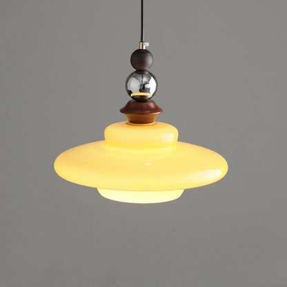 CASTELLA Hanglamp – Middeleeuws Design met Beige Glazen Kap & Houten Accenten