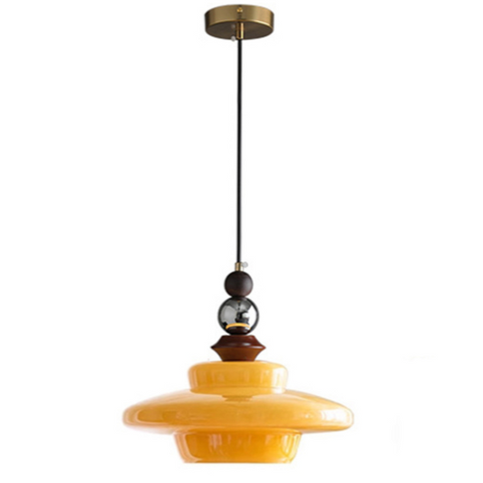 CASTELLA Hanglamp – Middeleeuws Design met Beige Glazen Kap & Houten Accenten