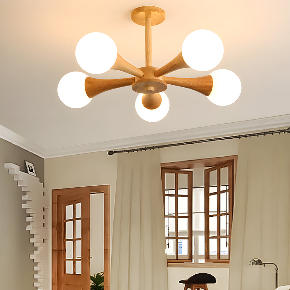 OctoGlow - Scandinavische Houten Kroonluchter met Glazen Lampenkappen